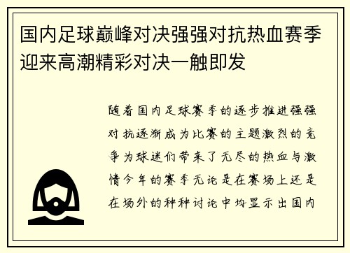 国内足球巅峰对决强强对抗热血赛季迎来高潮精彩对决一触即发